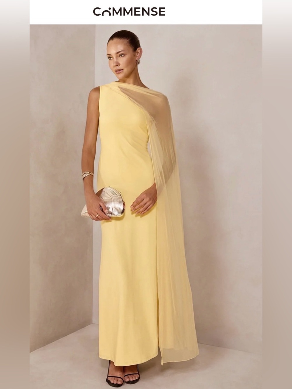 Commense Sheer Drape Slim Maxi Evening Dress